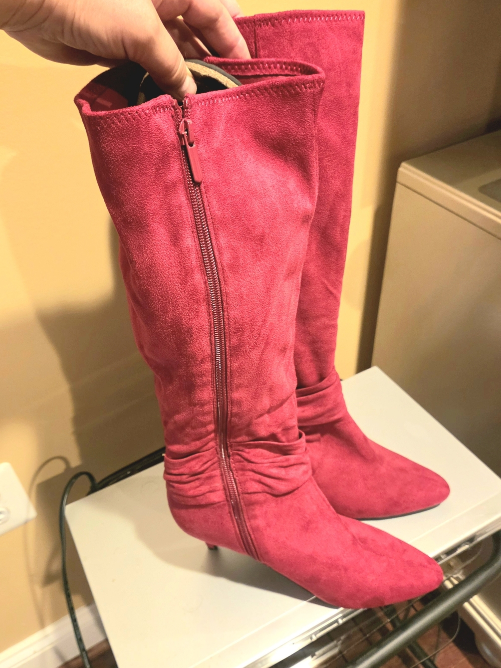 Anastasia Red Suede Mid-Calf Knot Heel Boots - Picture 4 of 7